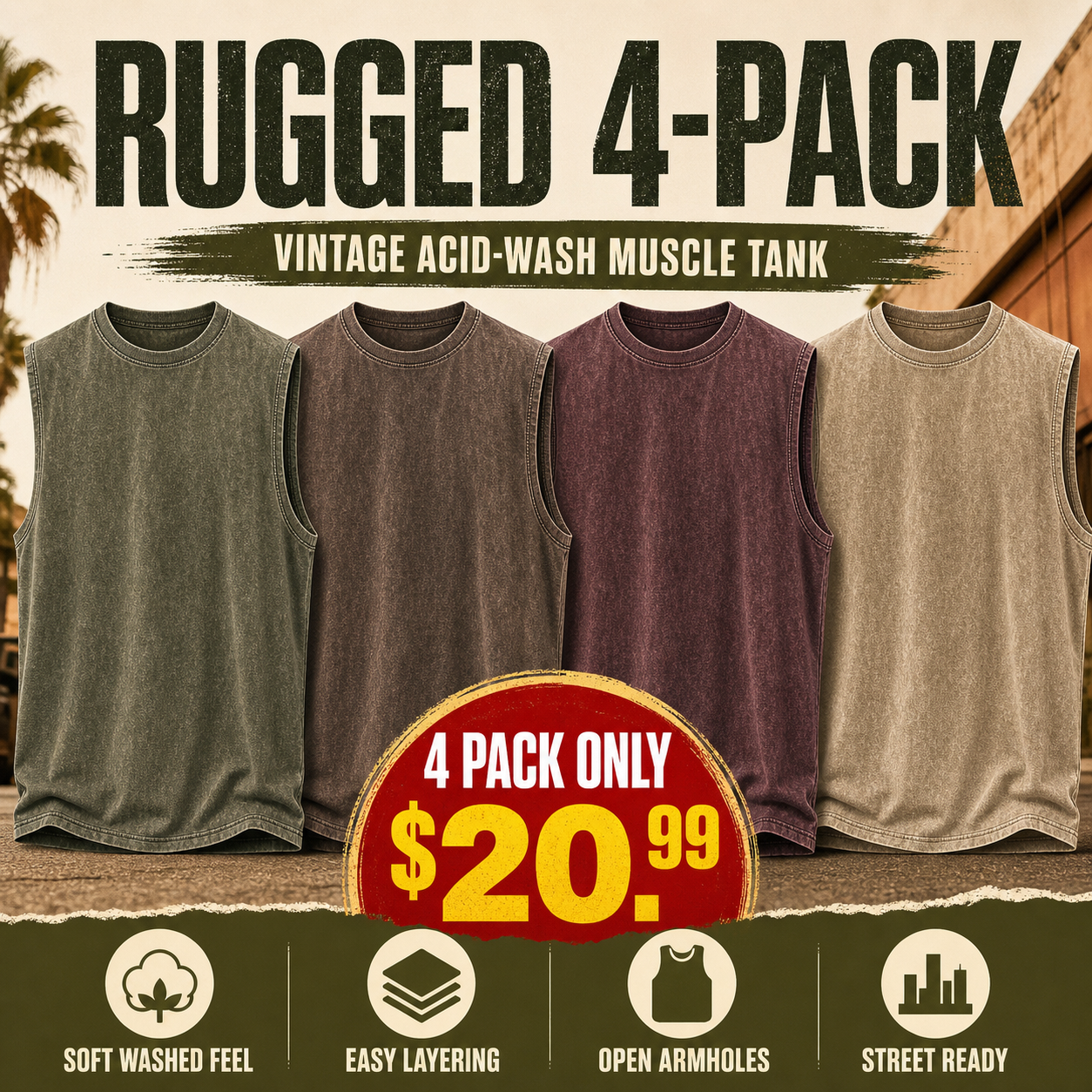 Rugged 4-Pack vintage acid-wash tank bundle