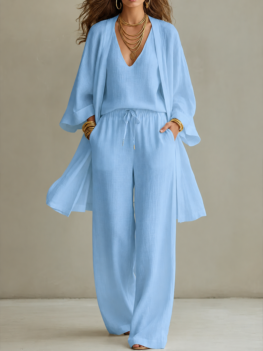 Women's Minimalist Cotton And Linen Wide-leg Pants Three-piece Set