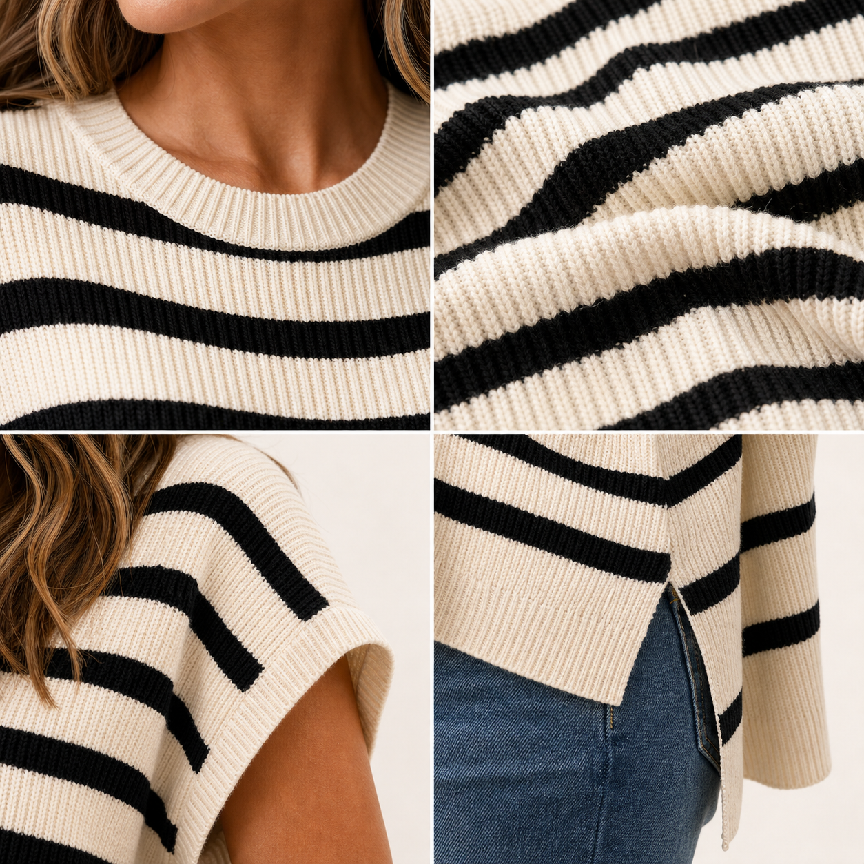 Ribbed knit crew neck horizontal stripe side slit detail collage