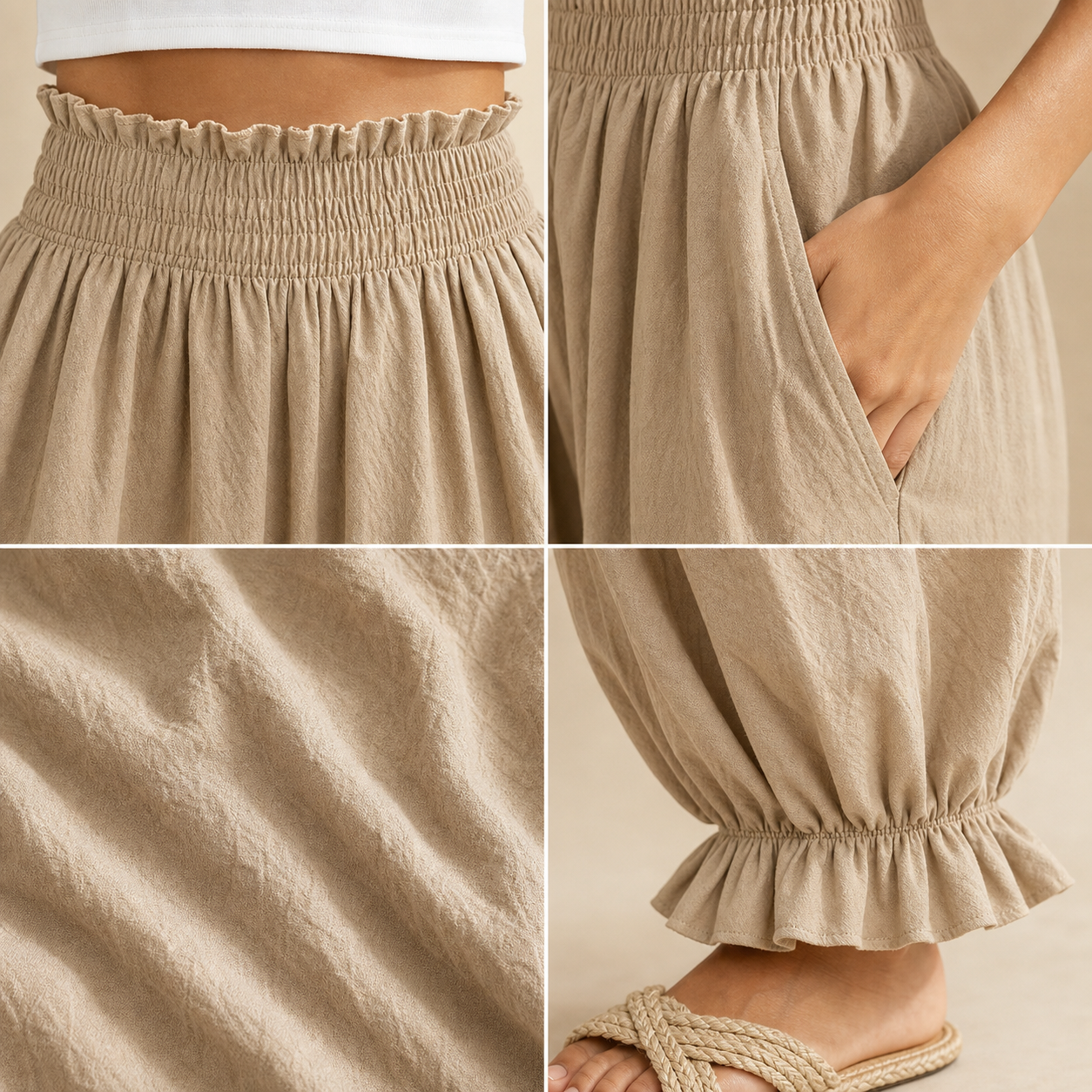 Smocked waist pocket fabric and ruffle ankle hem detail collage