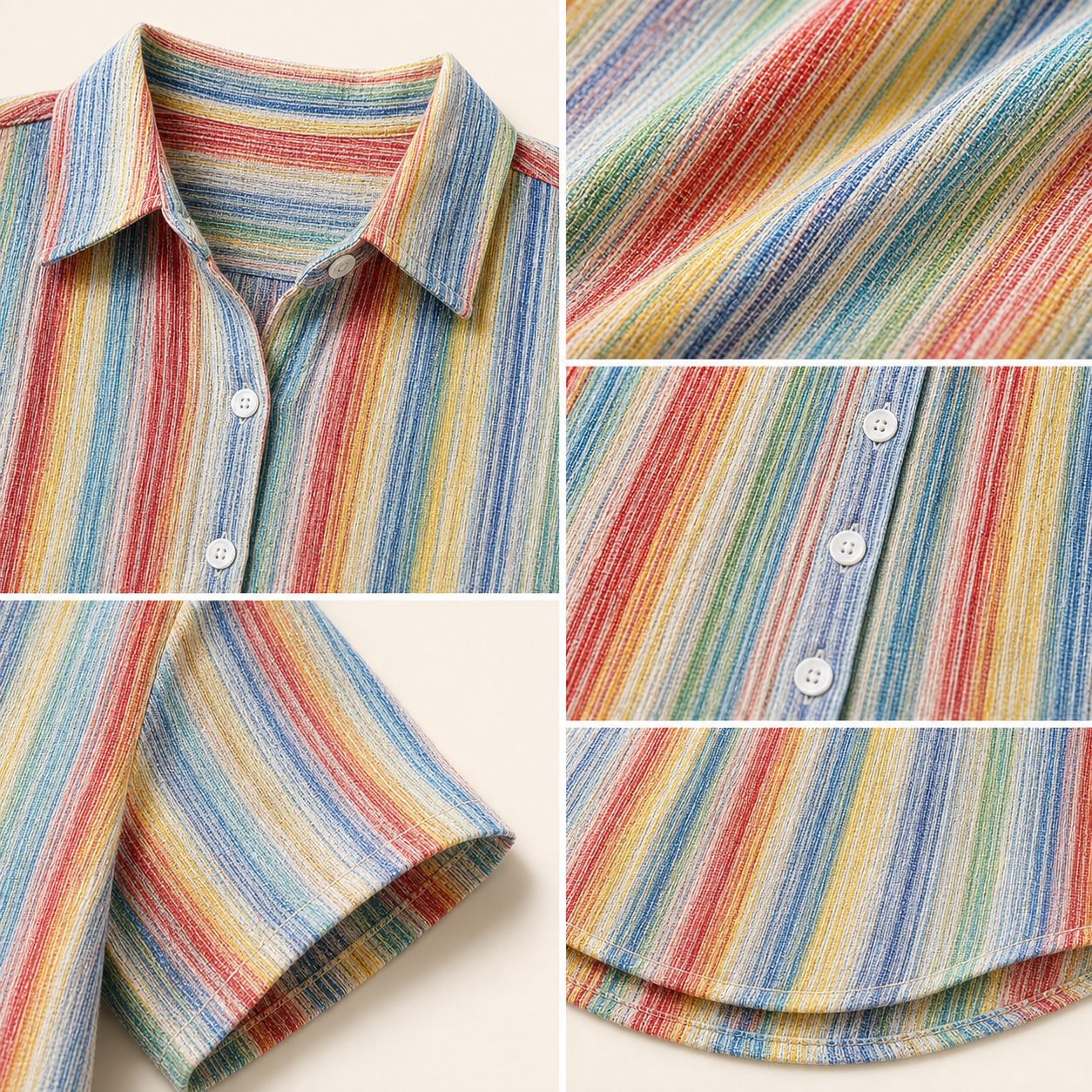Rainbow stripe fabric button placket collar detail collage