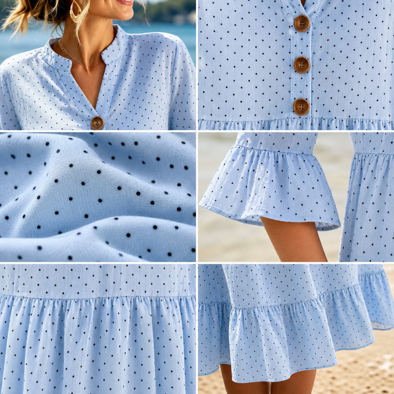 Women's dress neckline buttons polka dot ruffle sleeve tiered hem detail collage