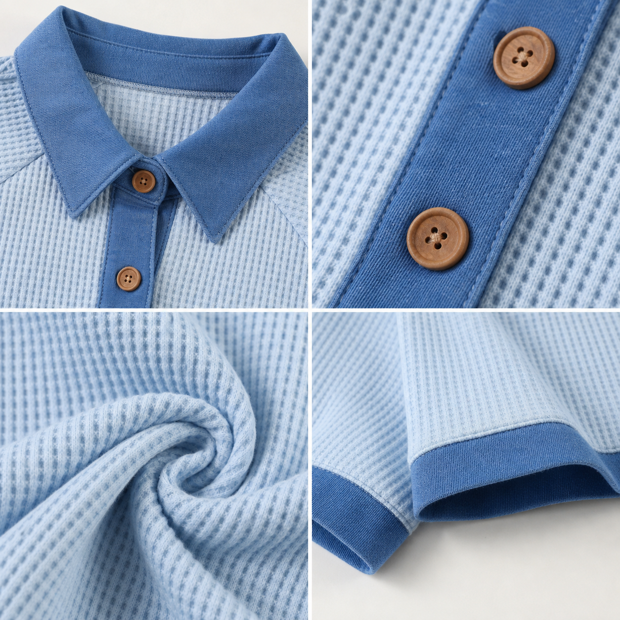 Contrast collar wooden buttons waffle knit and sleeve cuff details