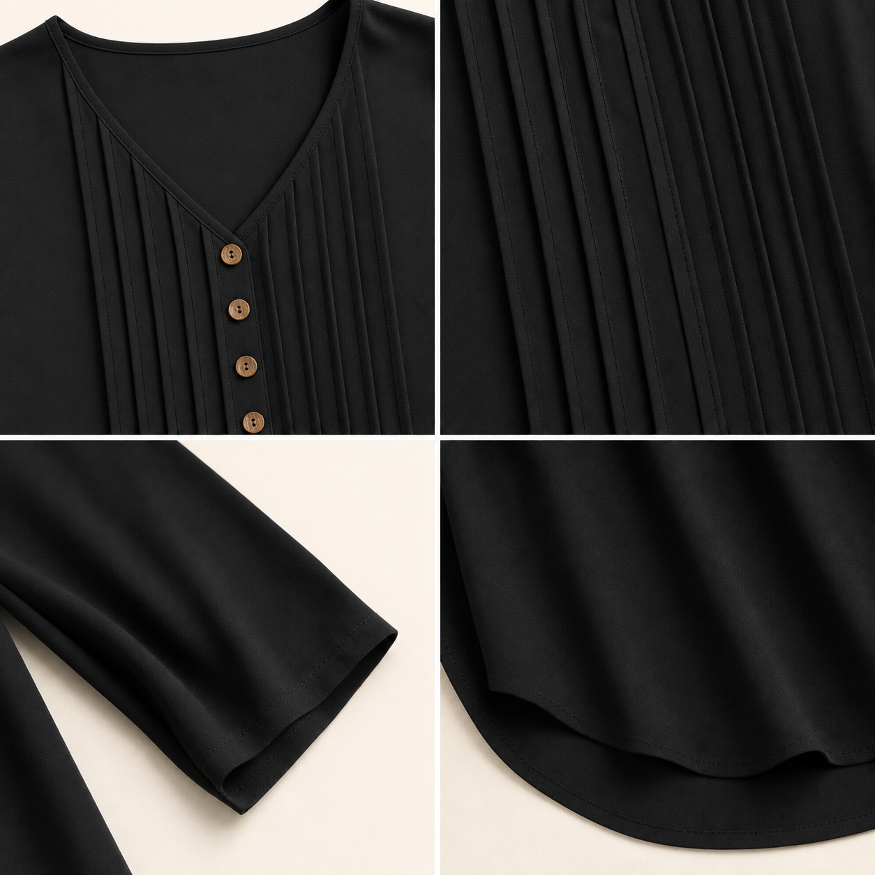 V neckline wooden buttons front pintuck pleats sleeve cuff and rounded hem details