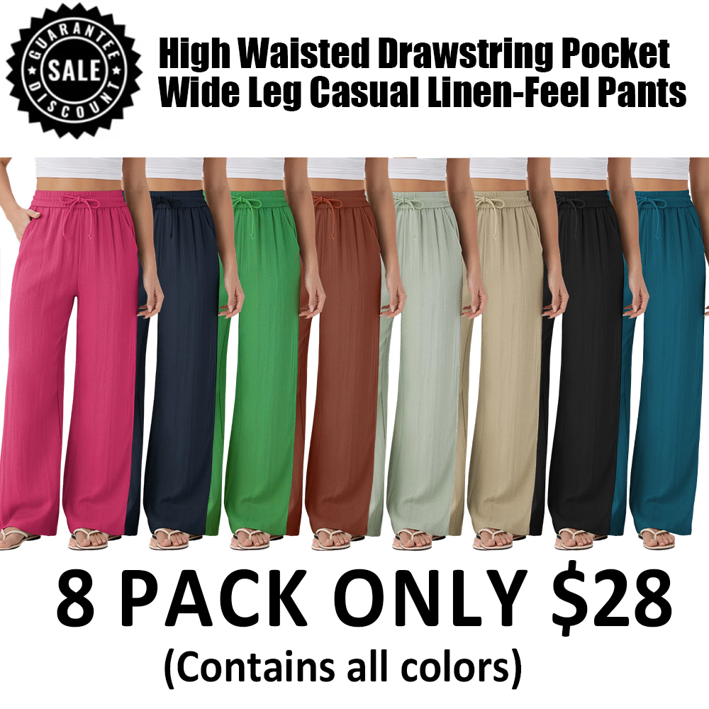 High Waisted Drawstring Pocket Wide Leg Casual Linen-Feel Pants