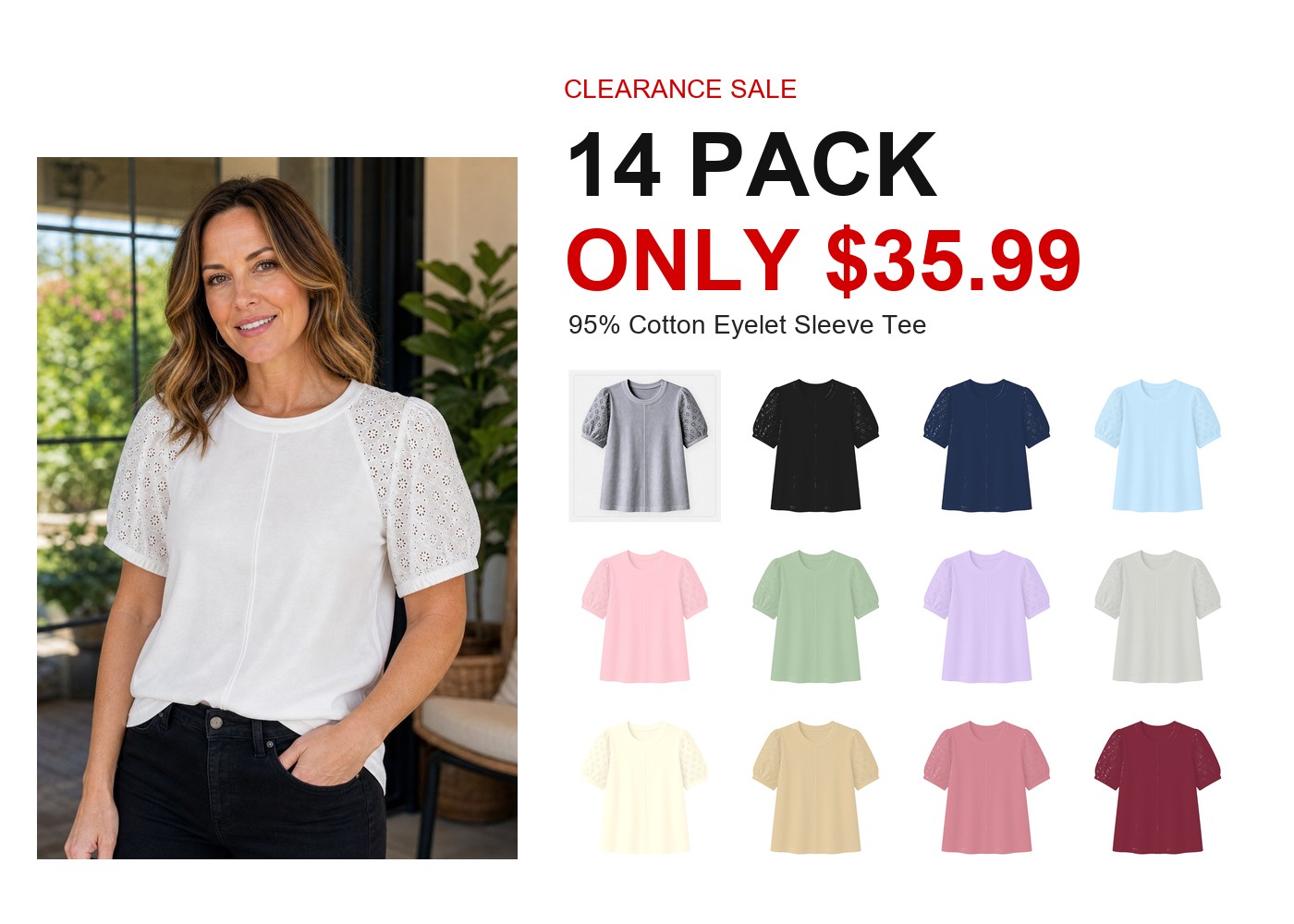Women's 95% cotton eyelet sleeve tee - hero 14pack promo