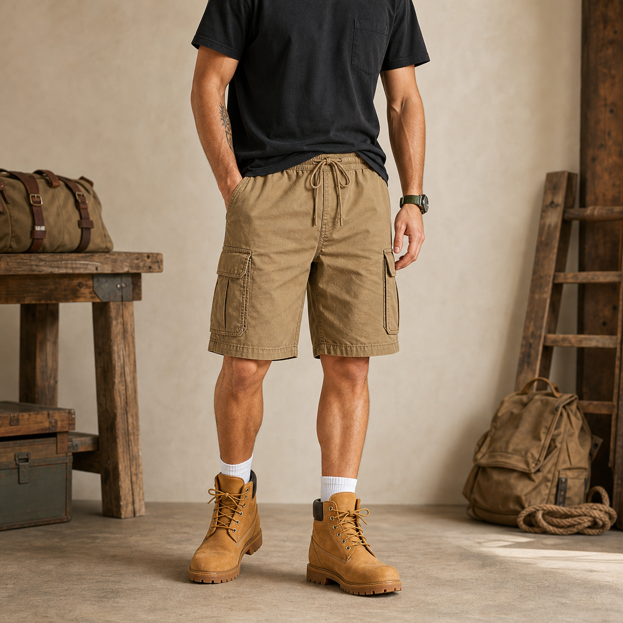 Men's utility cargo shorts model