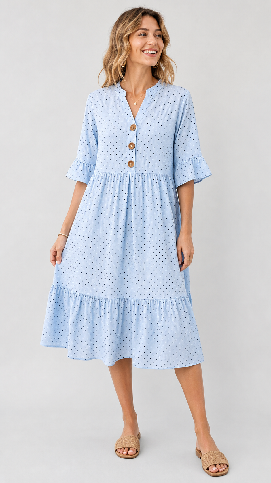 Women's polka dot tiered beach dress model