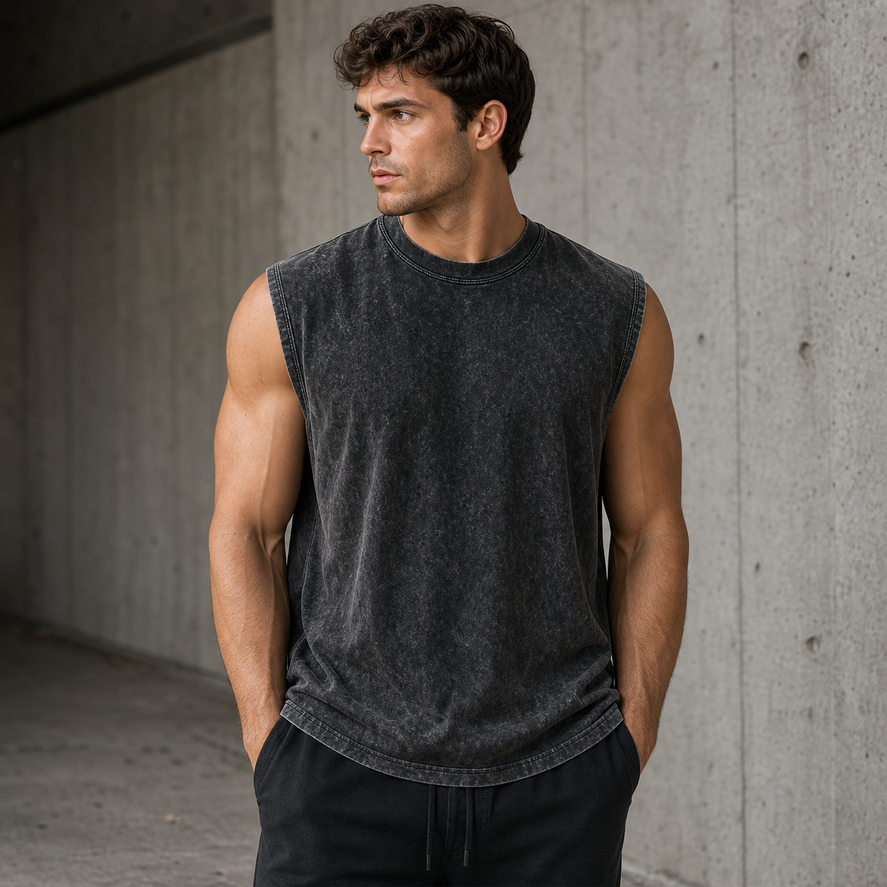 Washed black vintage acid-wash sleeveless tank