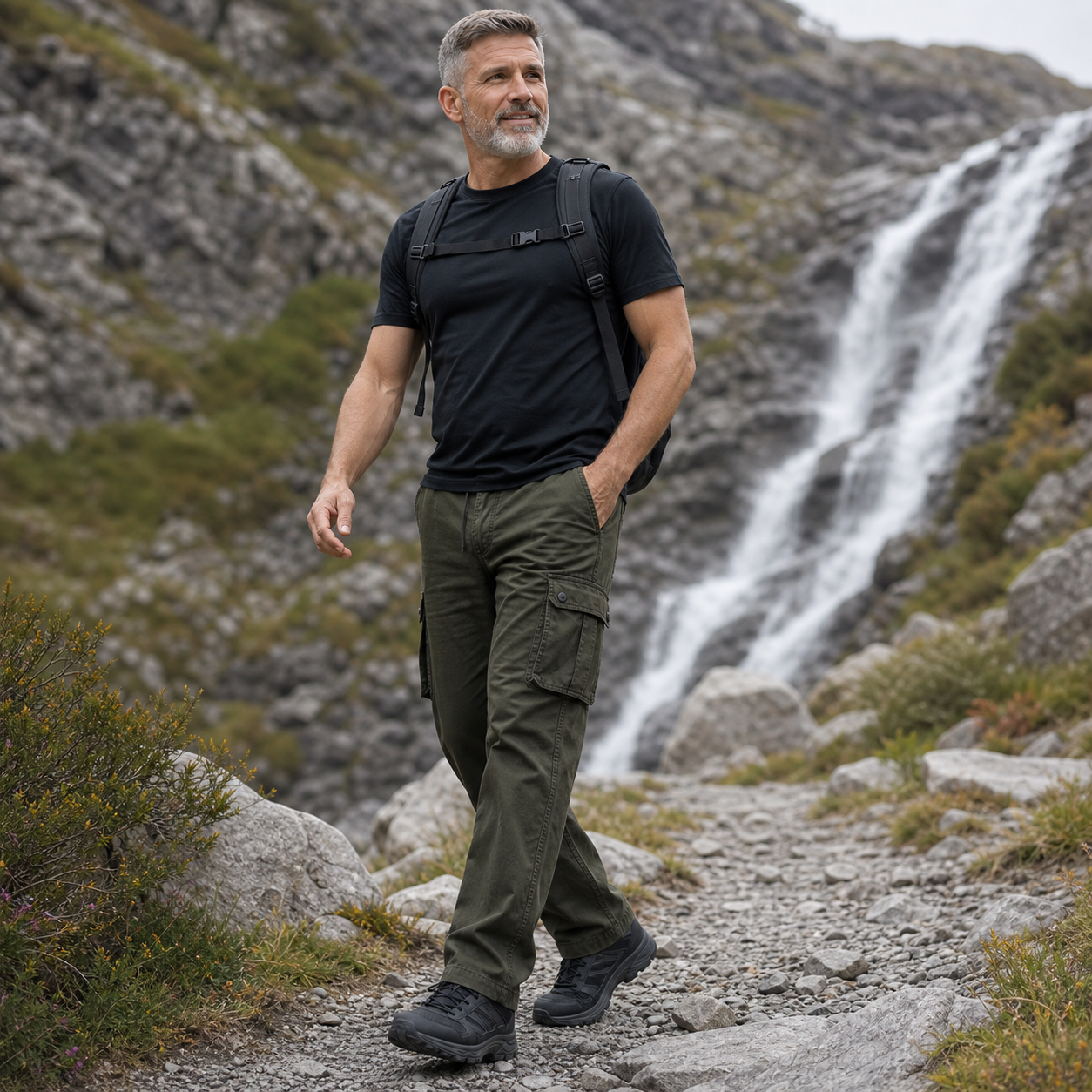 Men's outdoor utility cargo pants lifestyle scene