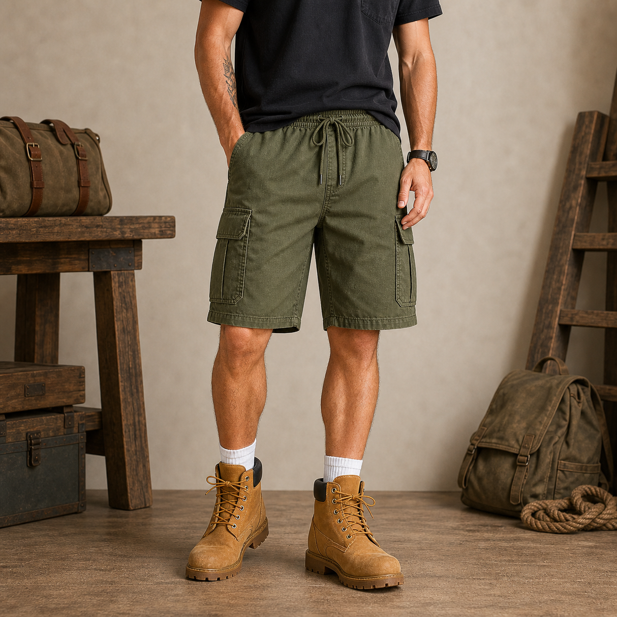 Army Green men's utility cargo shorts