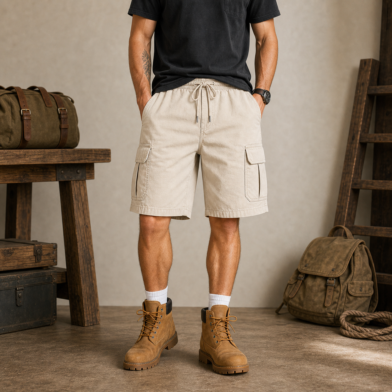 Beige men's utility cargo shorts