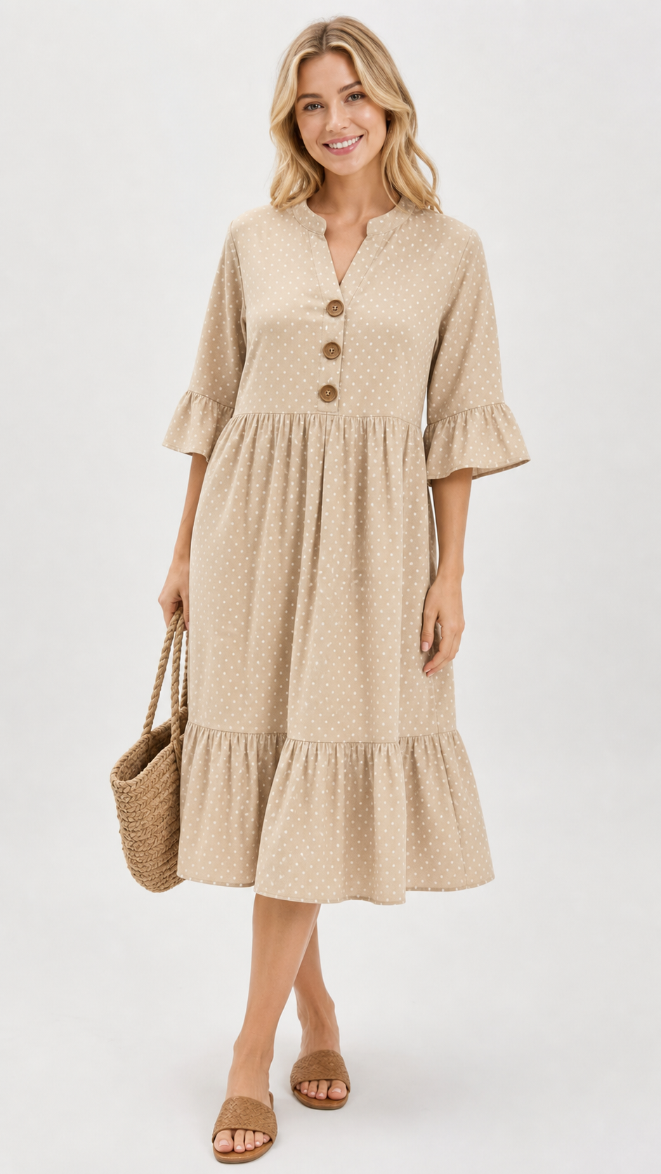 Beige women's polka dot tiered beach dress