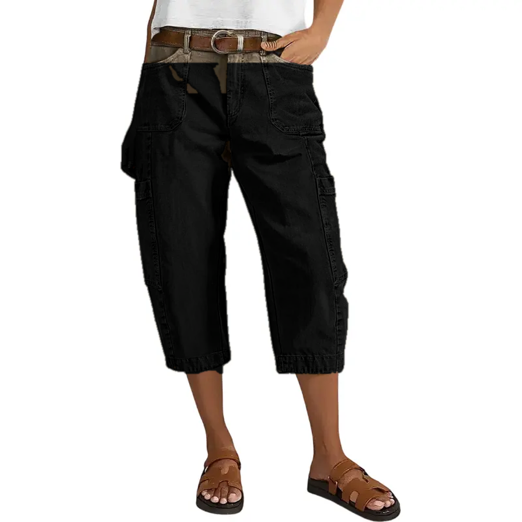 Black women's relaxed cargo capri pants model