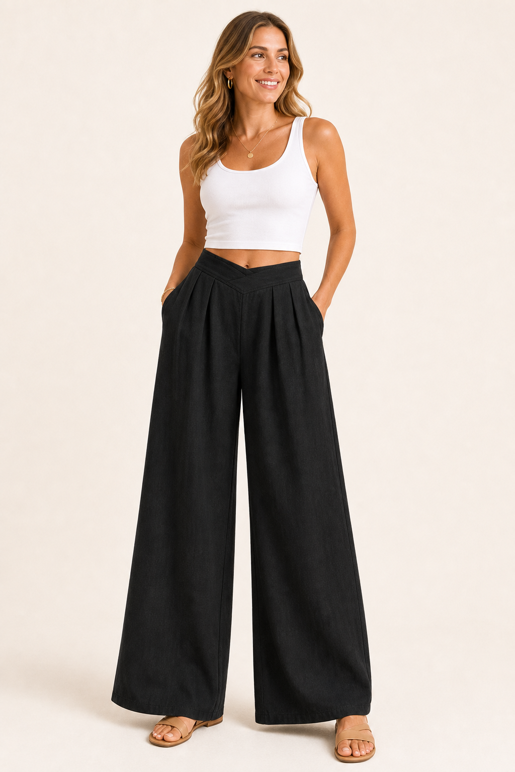 Black women's pleated wide leg pants