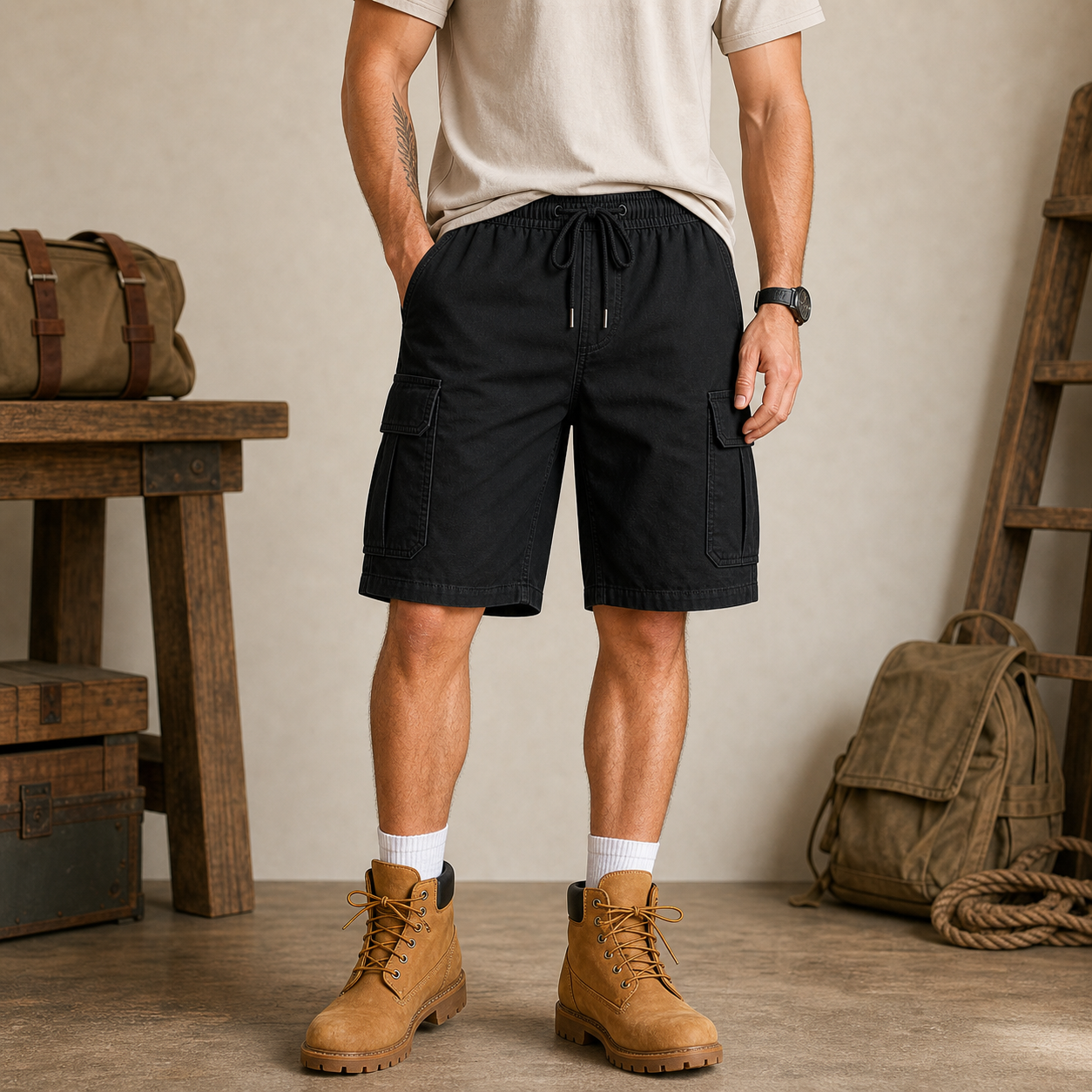 Black men's utility cargo shorts