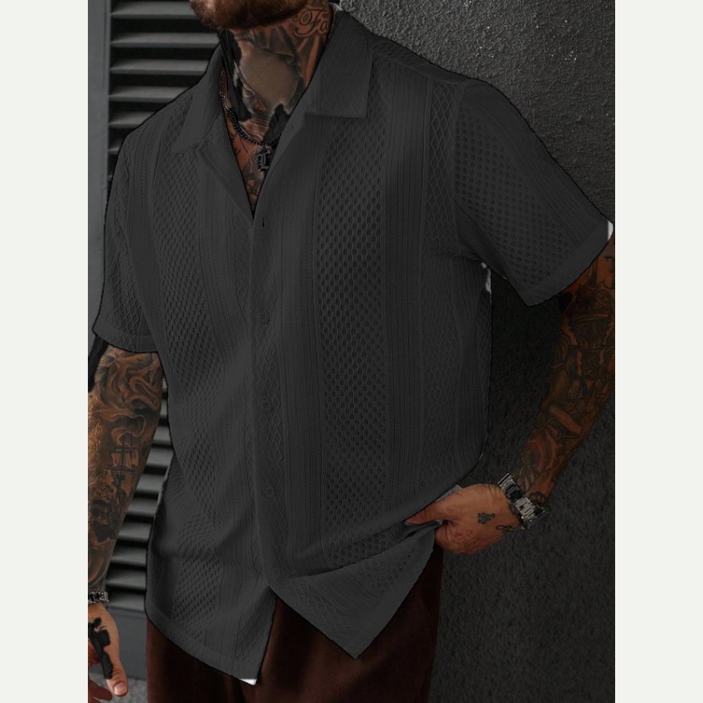 Black men's textured knit short sleeve shirt model