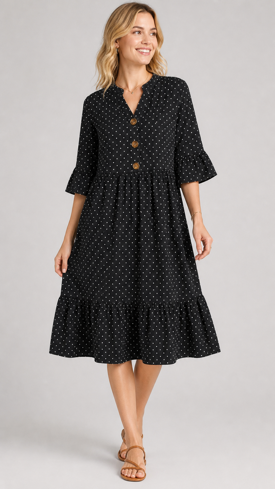 Black women's polka dot tiered beach dress