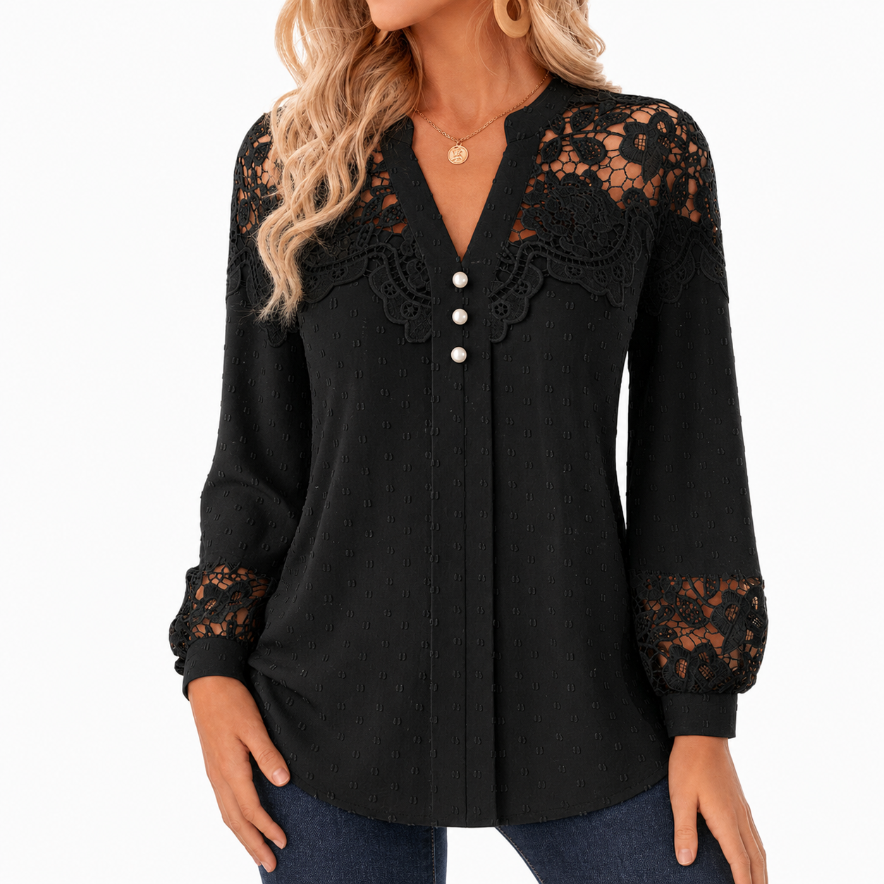 Black women's lace panel Swiss dot blouse