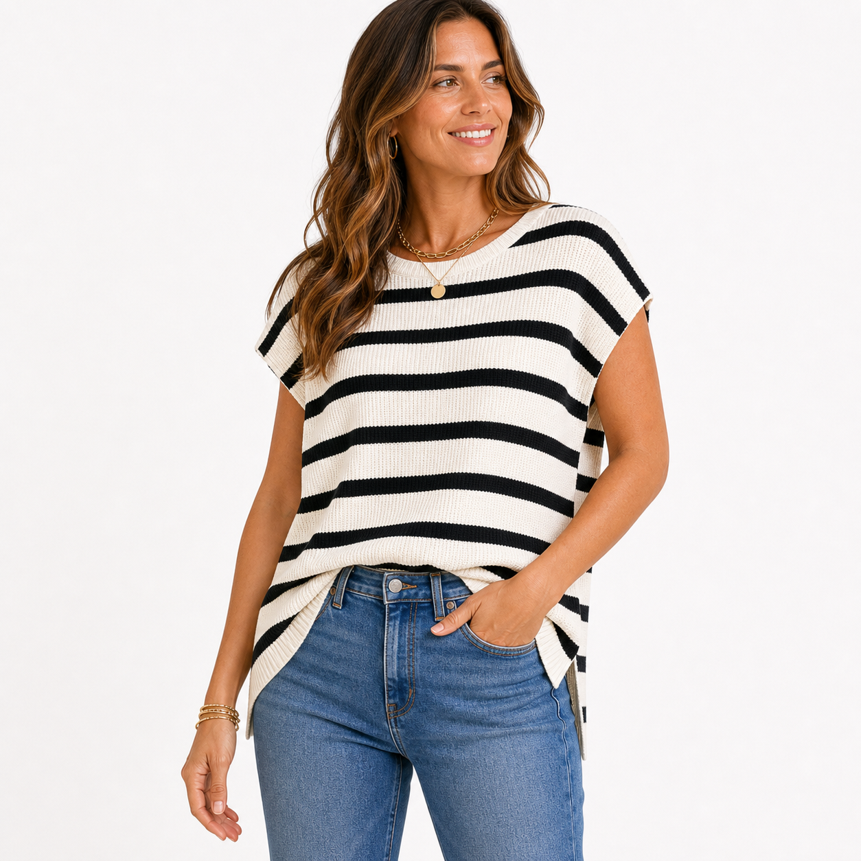 Black Ivory Stripe women's striped knit cap sleeve top