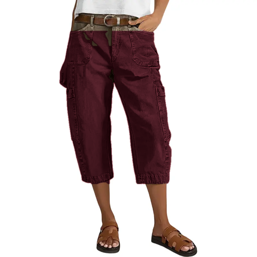 Burgundy women's relaxed cargo capri pants model