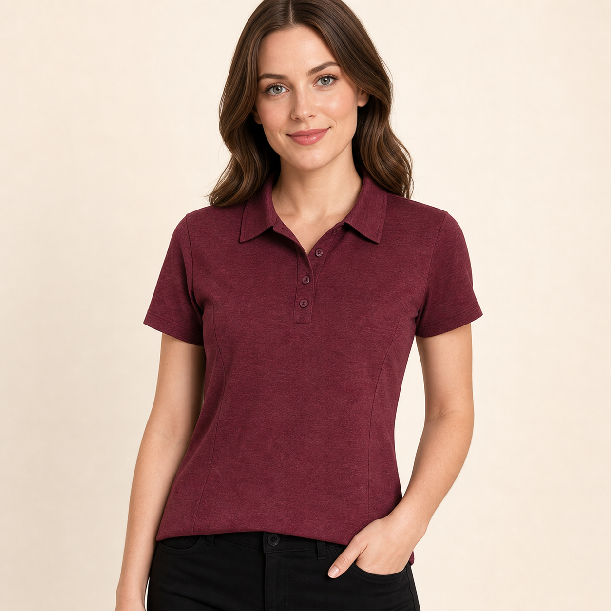 Burgundy women's short sleeve polo shirt
