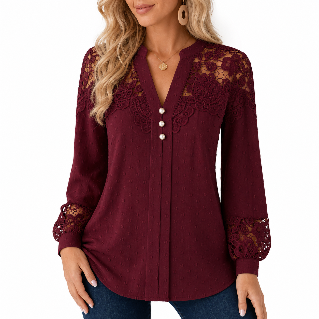 Burgundy women's lace panel Swiss dot blouse