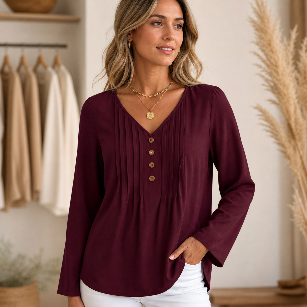 Burgundy women's v-neck pleated button blouse