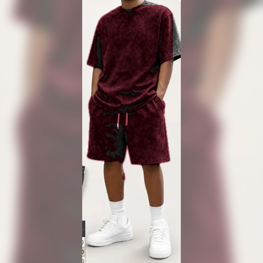 Burgundy men's washed tee and shorts set model