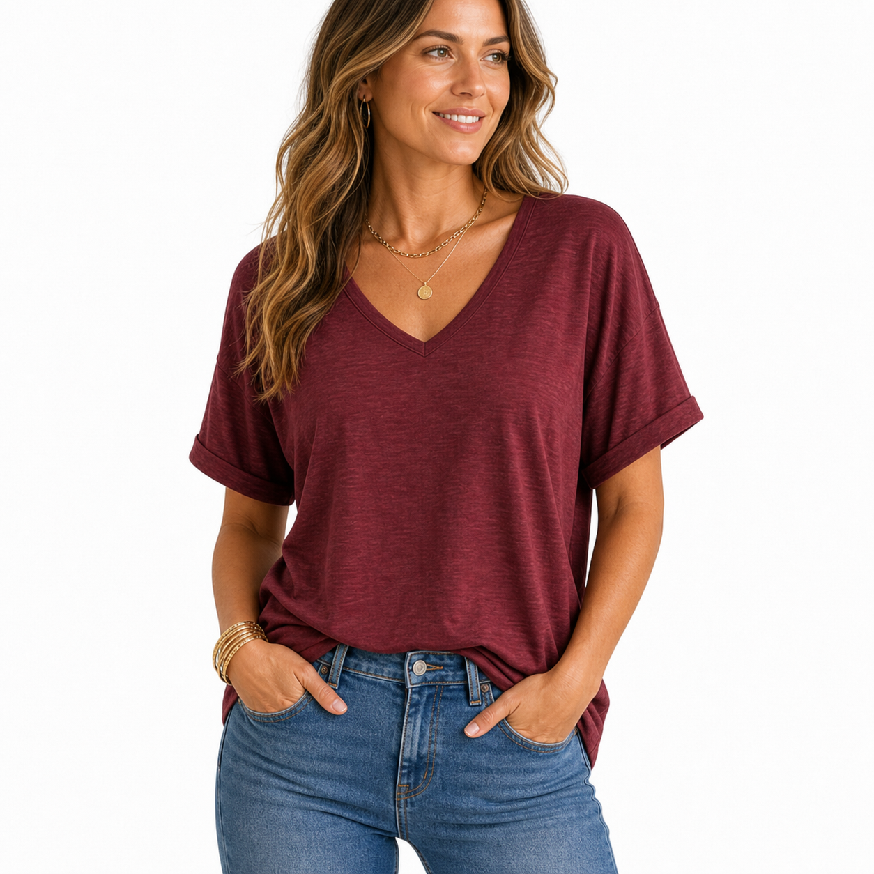 Burgundy women's relaxed V-neck tee