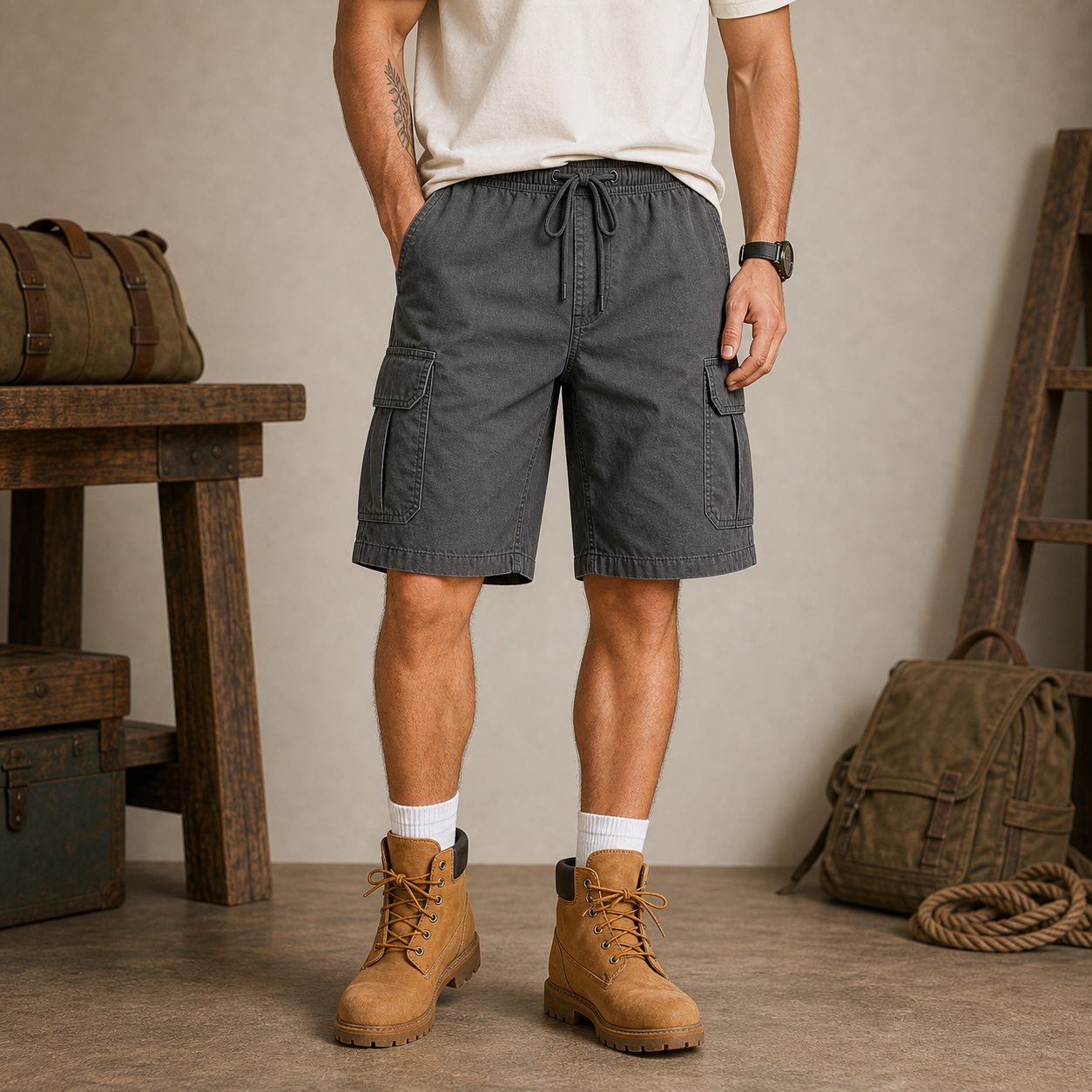 Charcoal men's utility cargo shorts