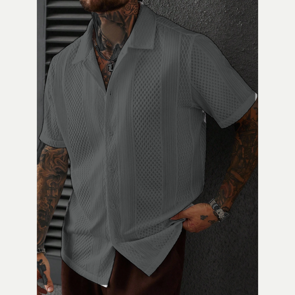 Charcoal men's textured knit short sleeve shirt model