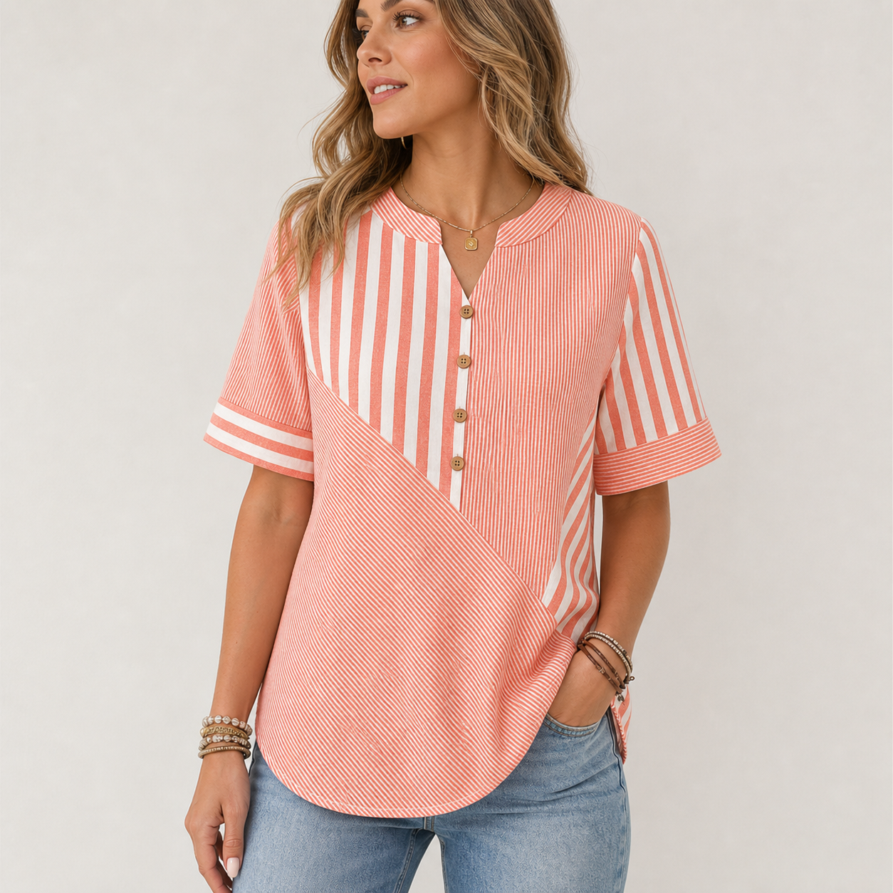 Coral women's striped patchwork button blouse