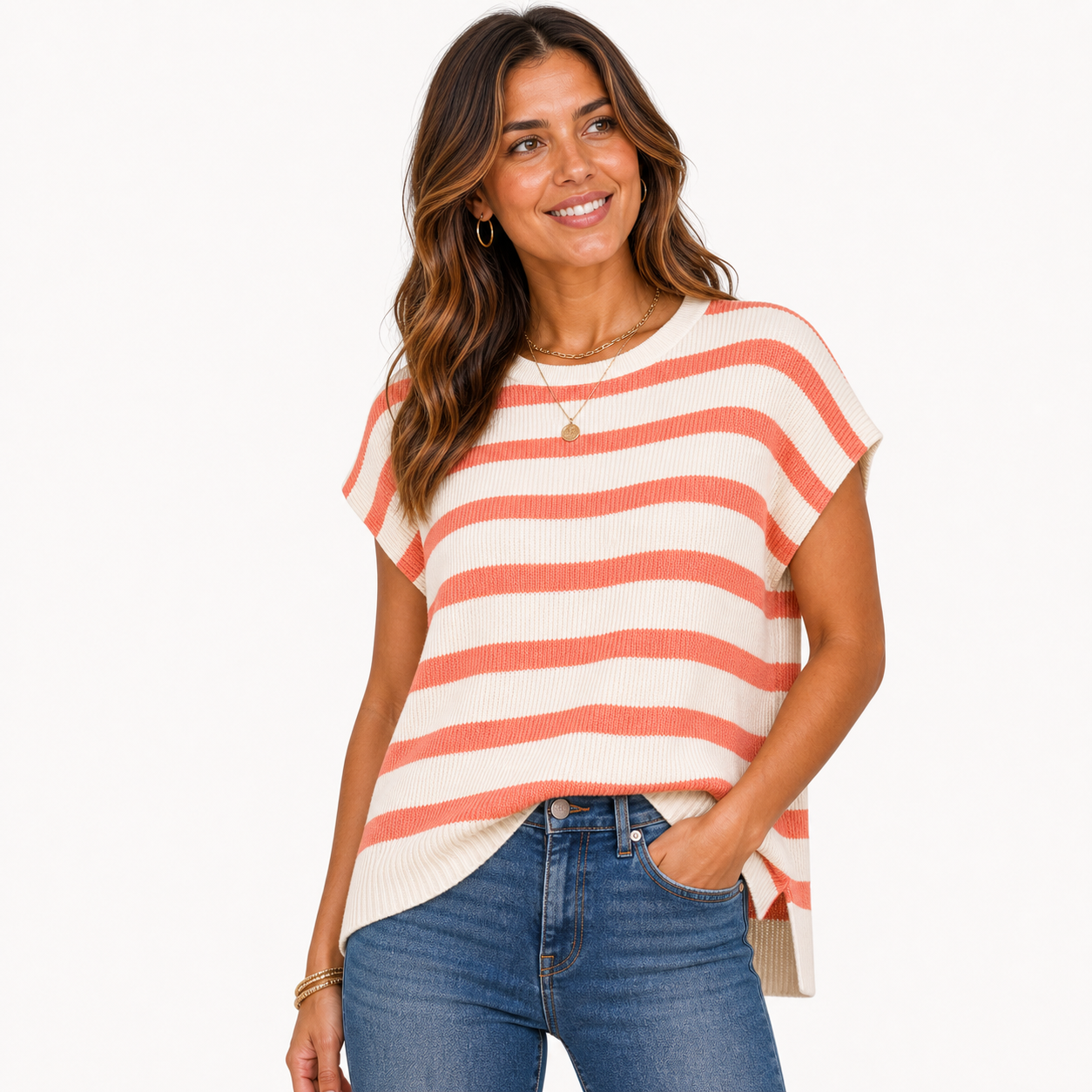 Coral Ivory Stripe women's striped knit cap sleeve top