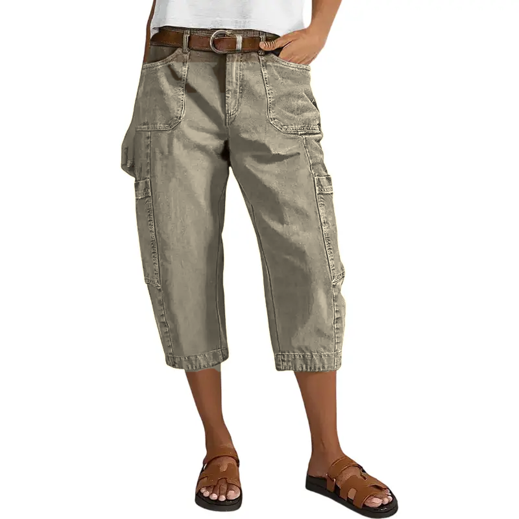 Cream women's relaxed cargo capri pants model