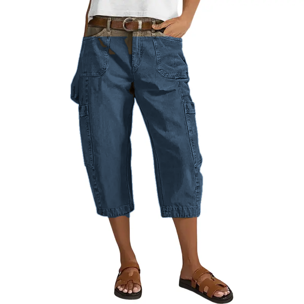 Denim Blue women's relaxed cargo capri pants model