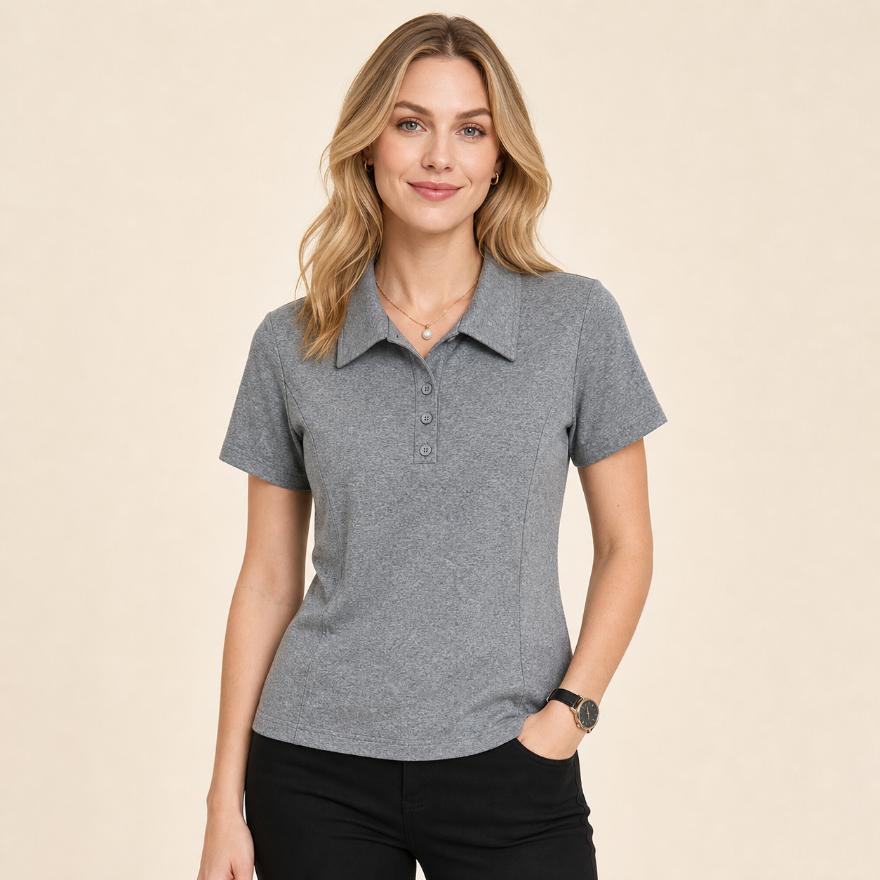 Gray women's short sleeve polo shirt