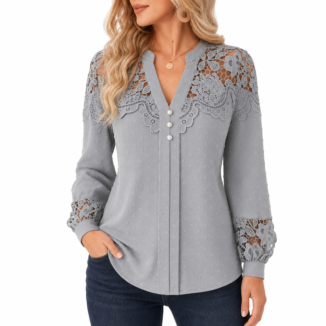 Gray women's lace panel Swiss dot blouse