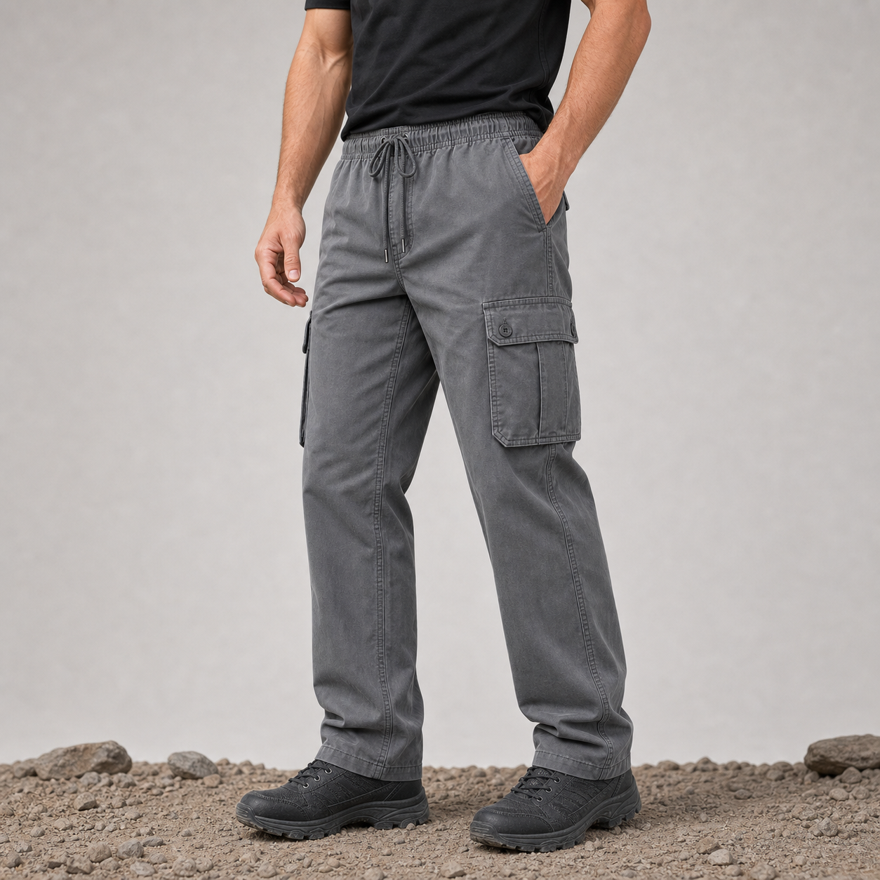 Gray men's outdoor utility cargo pants