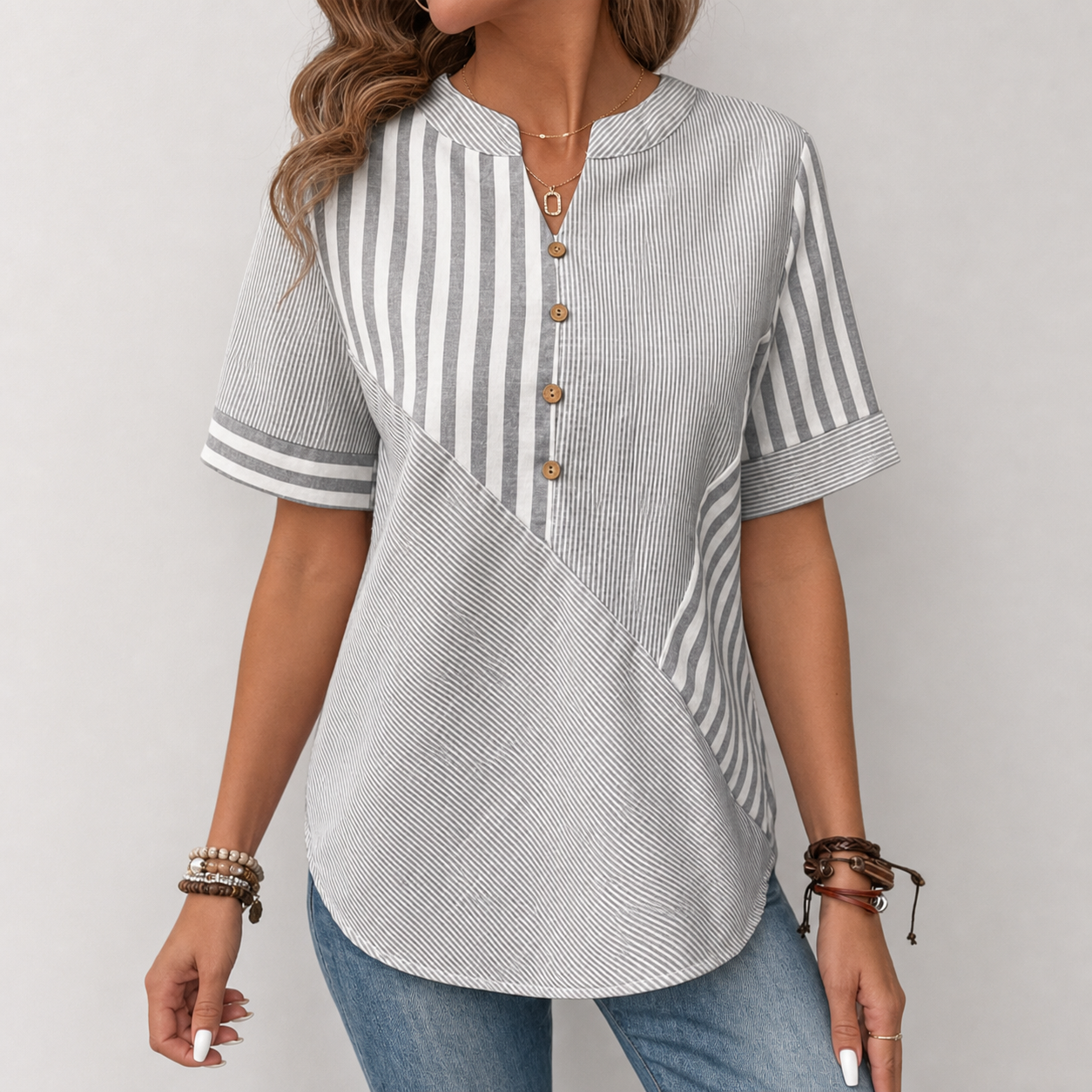 Gray women's striped patchwork button blouse
