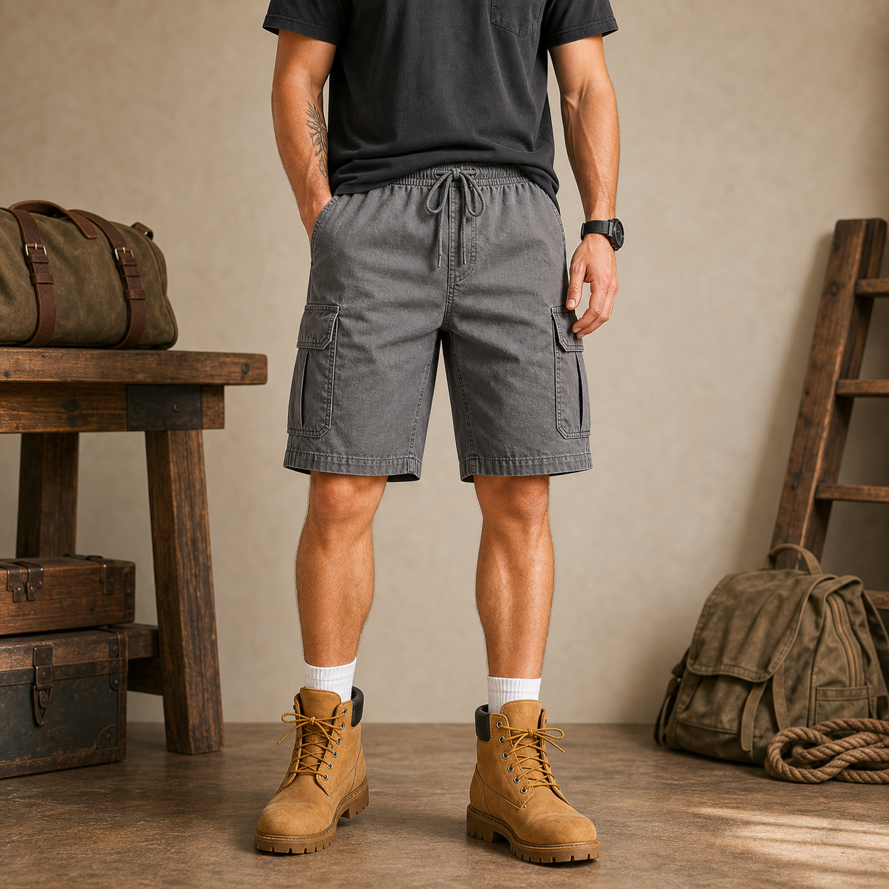 Gray men's utility cargo shorts