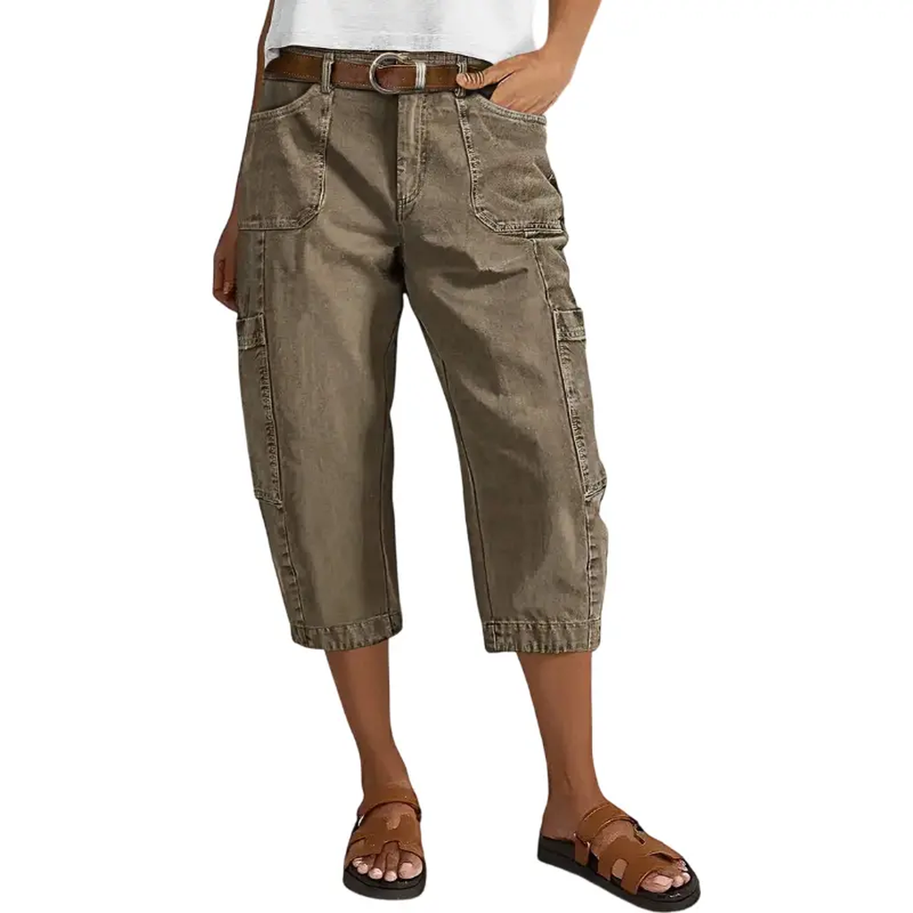 Khaki women's relaxed cargo capri pants model