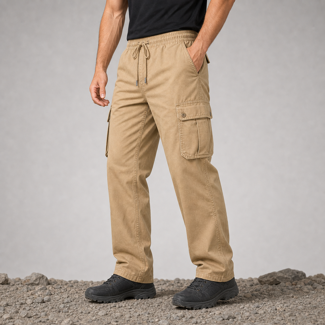 Khaki men's outdoor utility cargo pants