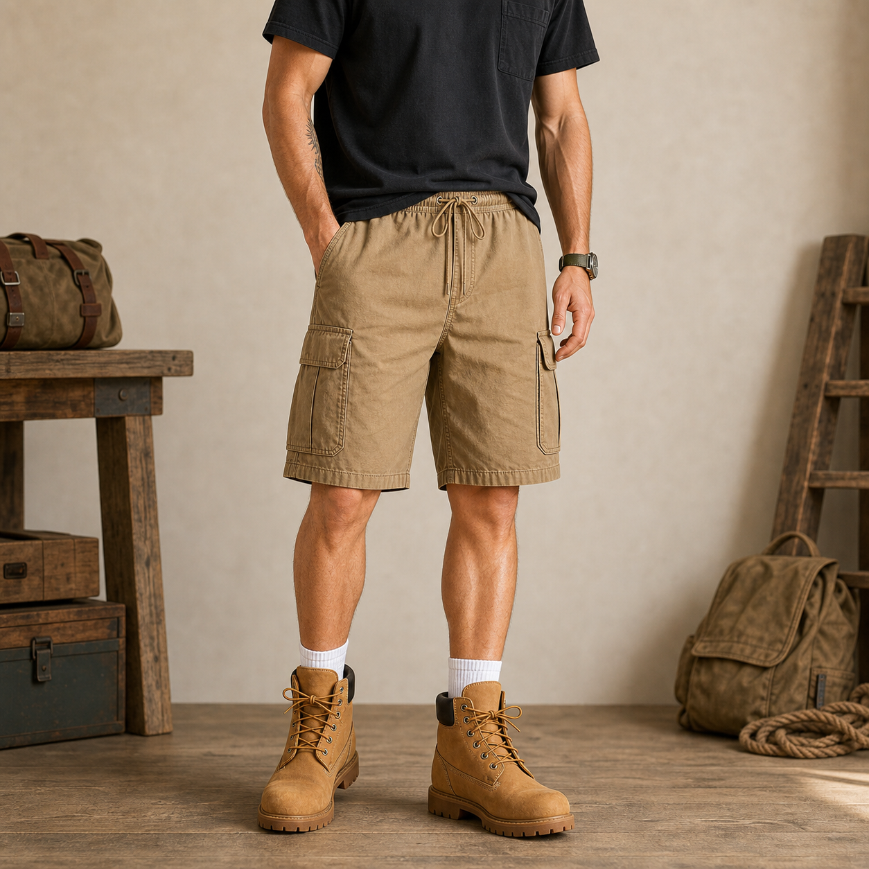 Khaki men's utility cargo shorts