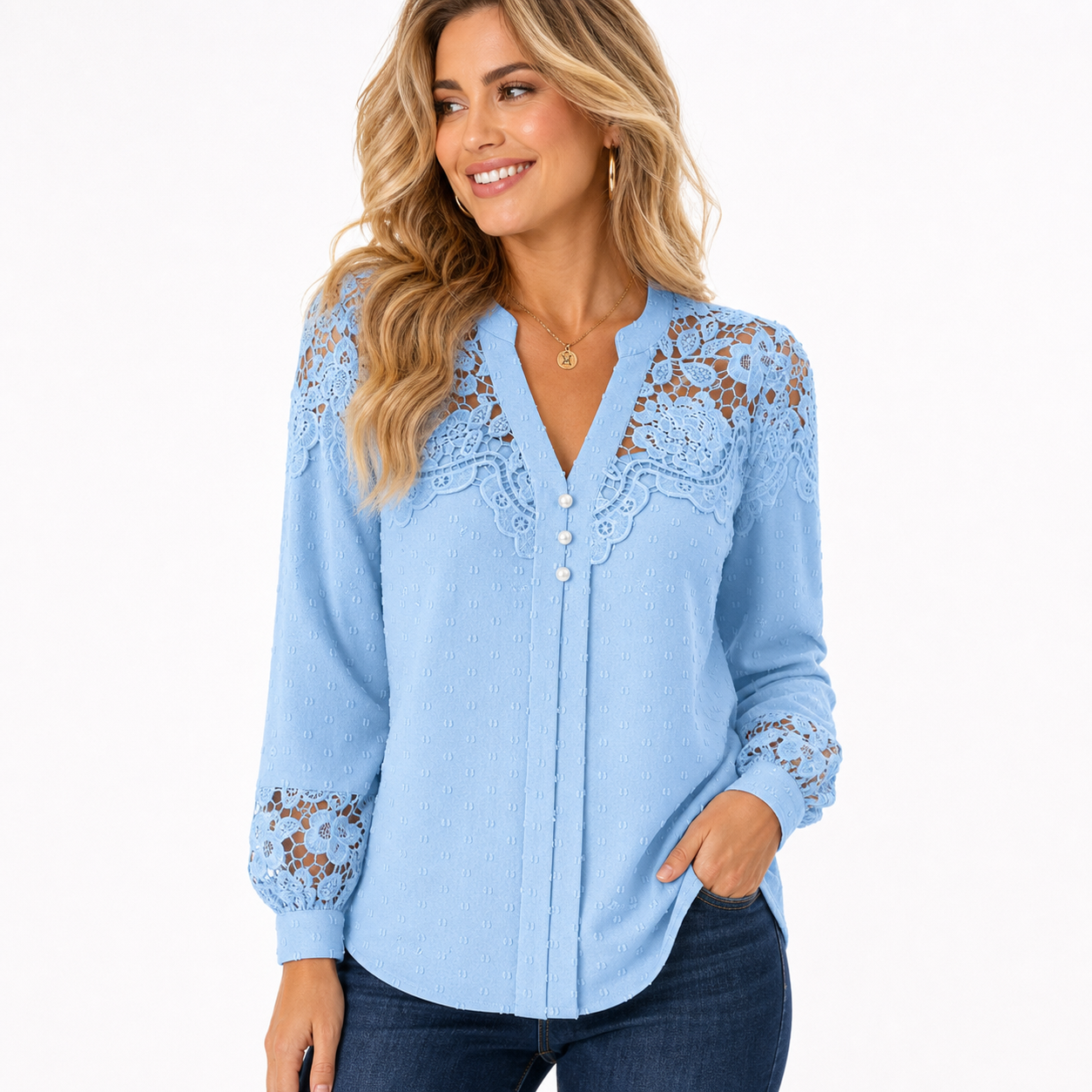 Light Blue women's lace panel Swiss dot blouse