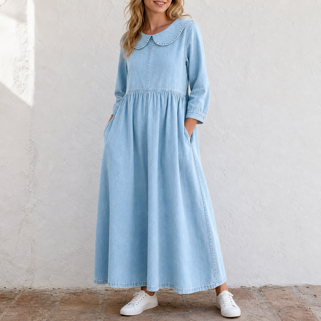 Light Blue women's Peter Pan collar denim maxi dress