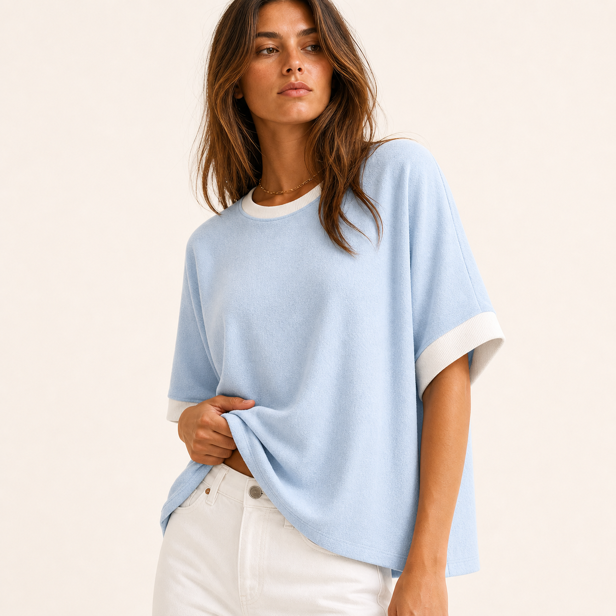 Light Blue White women's contrast-trim relaxed tee
