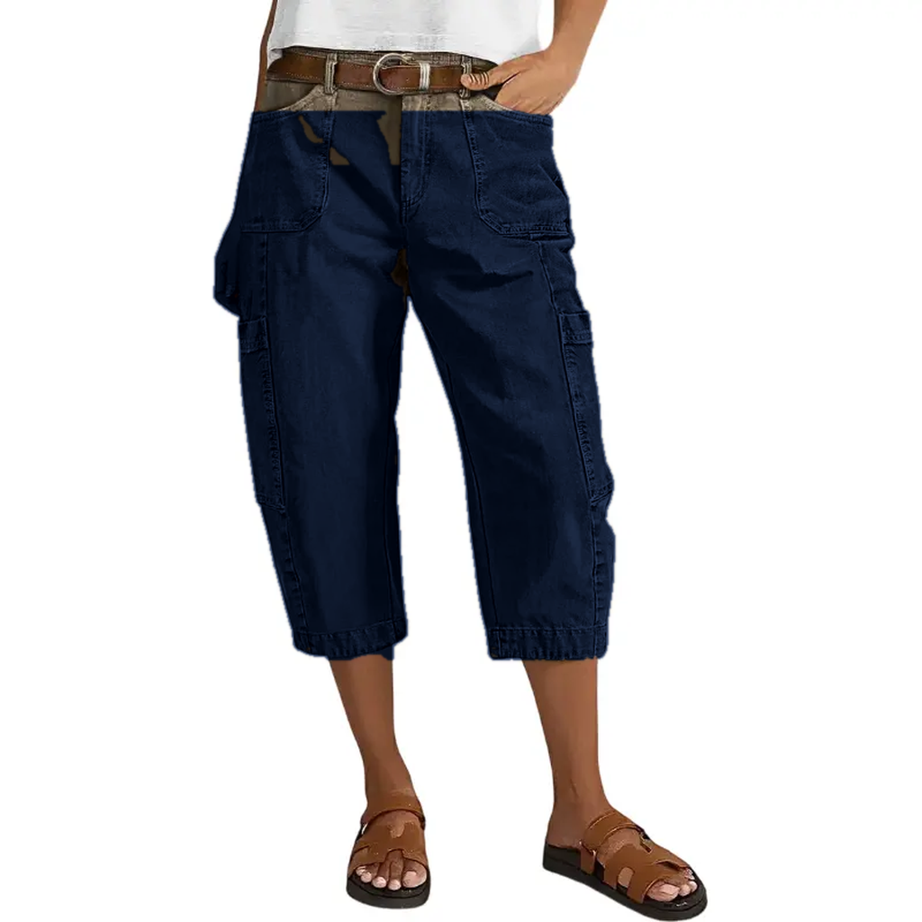 Navy women's relaxed cargo capri pants model