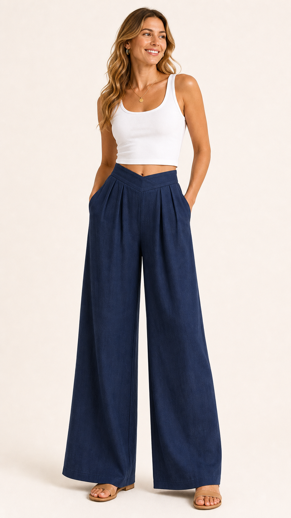Navy women's pleated wide leg pants