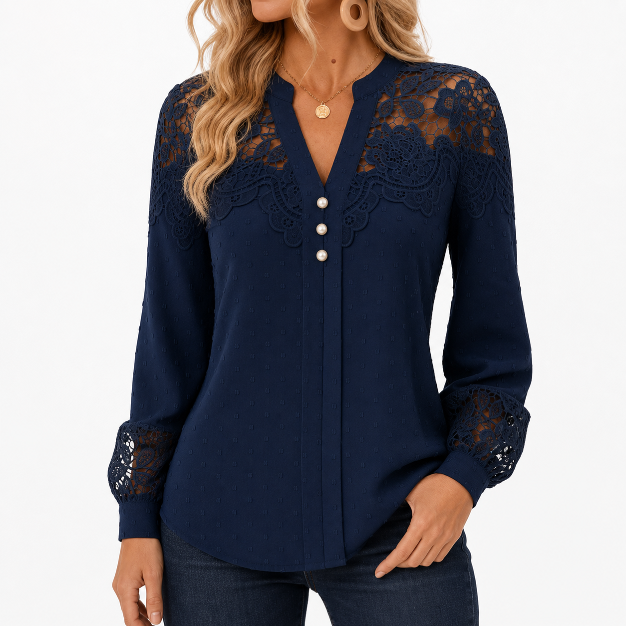 Navy women's lace panel Swiss dot blouse